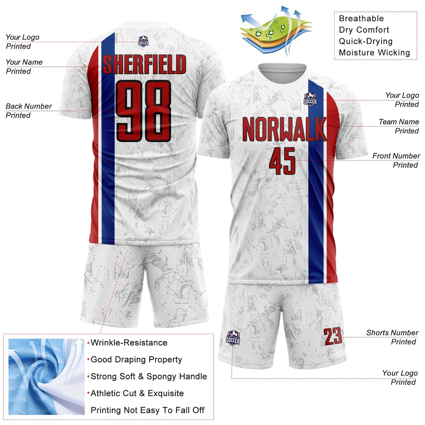 Custom White Red Royal-Black USA Style Patriotic Marble Side Vertical Stripe Sublimation Soccer Uniform Jersey