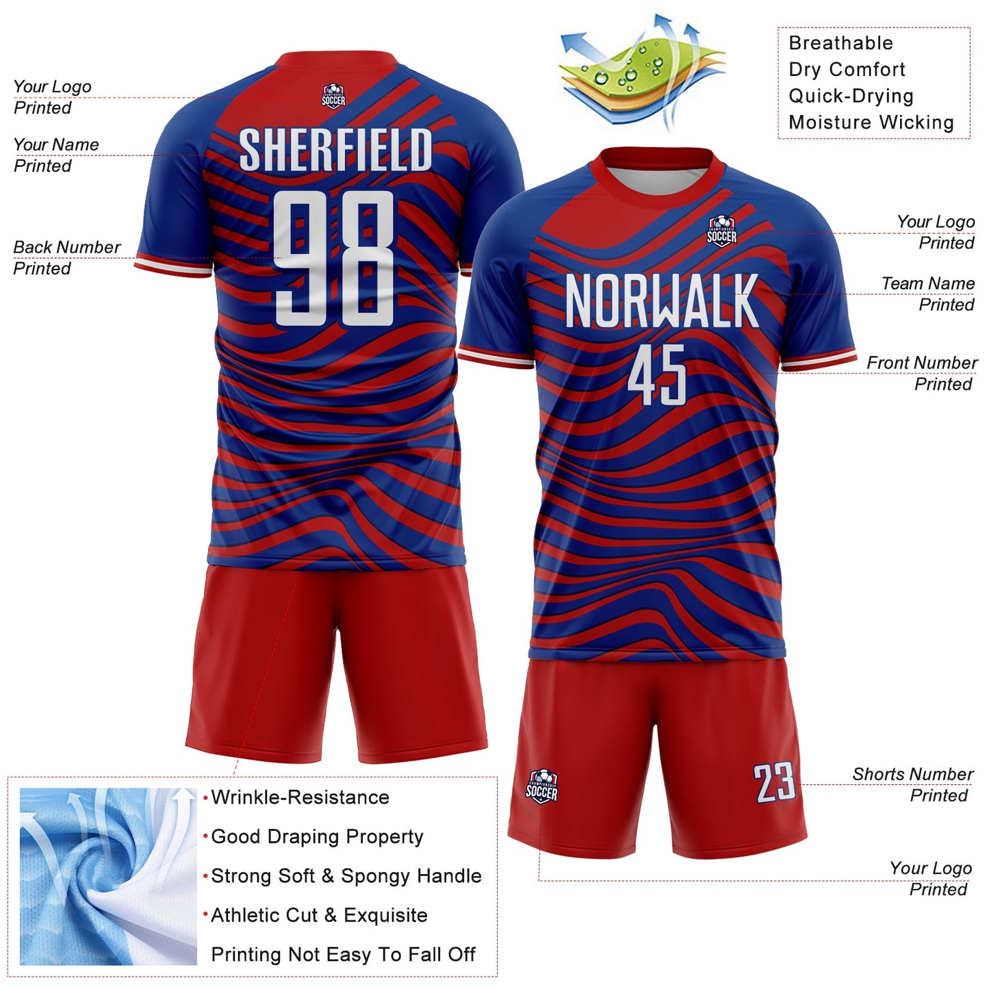 Custom Red White-Royal USA Style Patriotic Wave Sublimation Soccer Uniform Jersey