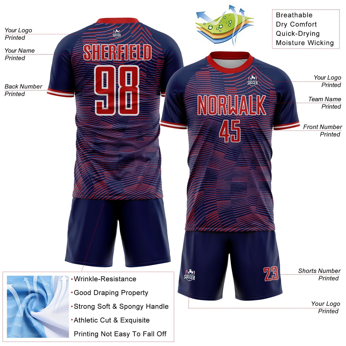 Custom US Navy Blue Red-White USA Style Patriotic Wave Sublimation Soccer Uniform Jersey