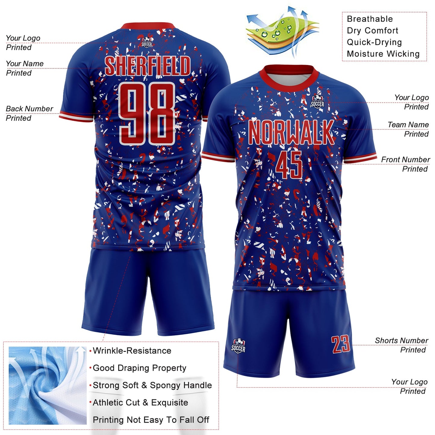 Custom Royal Red-White USA Style Patriotic Abstract Mosaic Confetti Sublimation Soccer Uniform Jersey