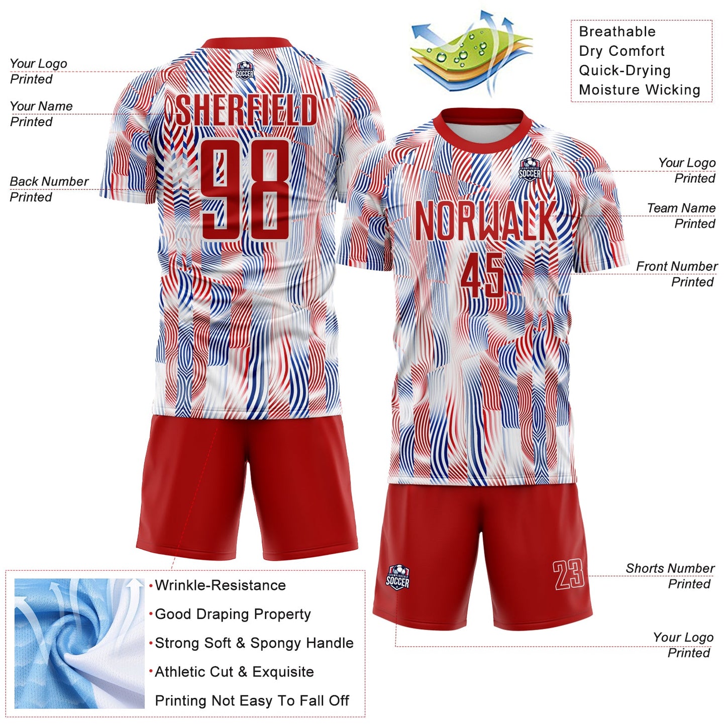 Custom White Red-Royal USA Style Patriotic Wave Sublimation Soccer Uniform Jersey