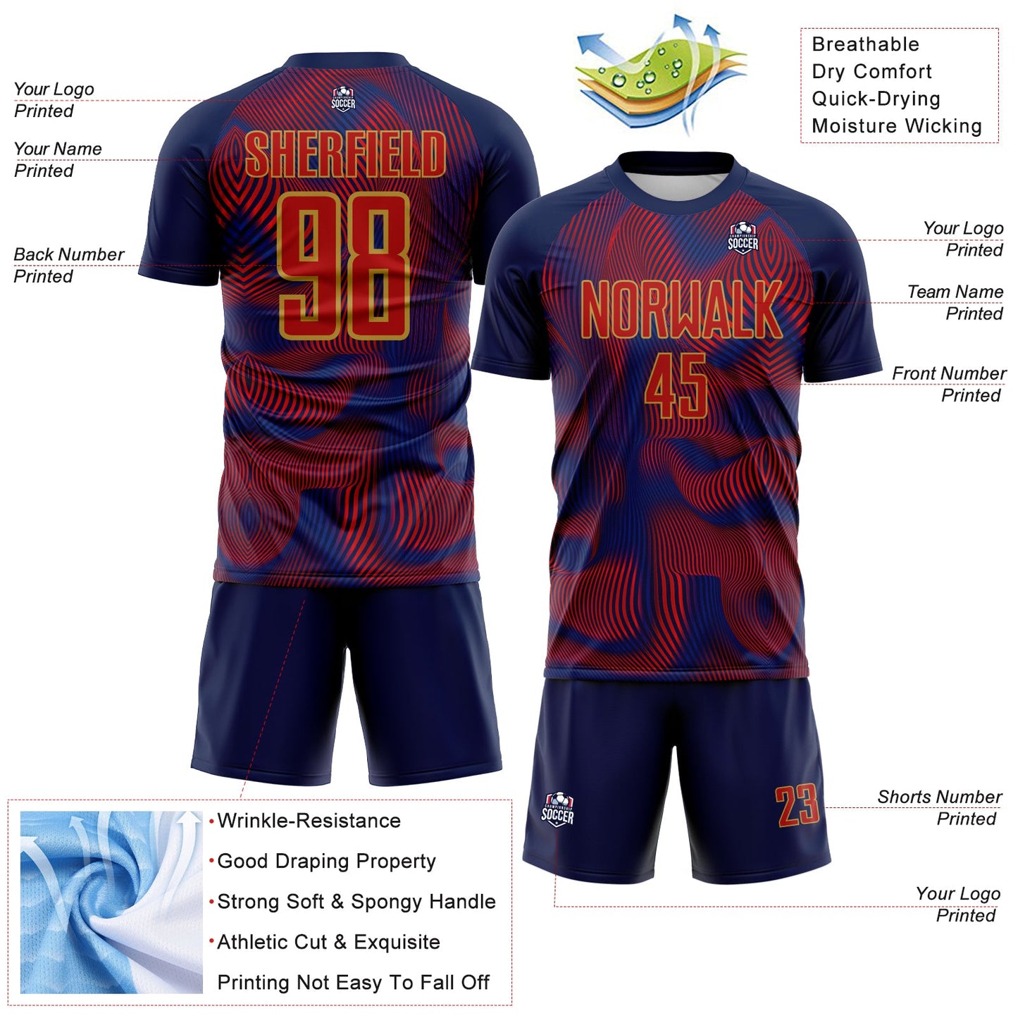 Custom US Navy Blue Red-Old Gold USA Style Patriotic Wave Sublimation Soccer Uniform Jersey