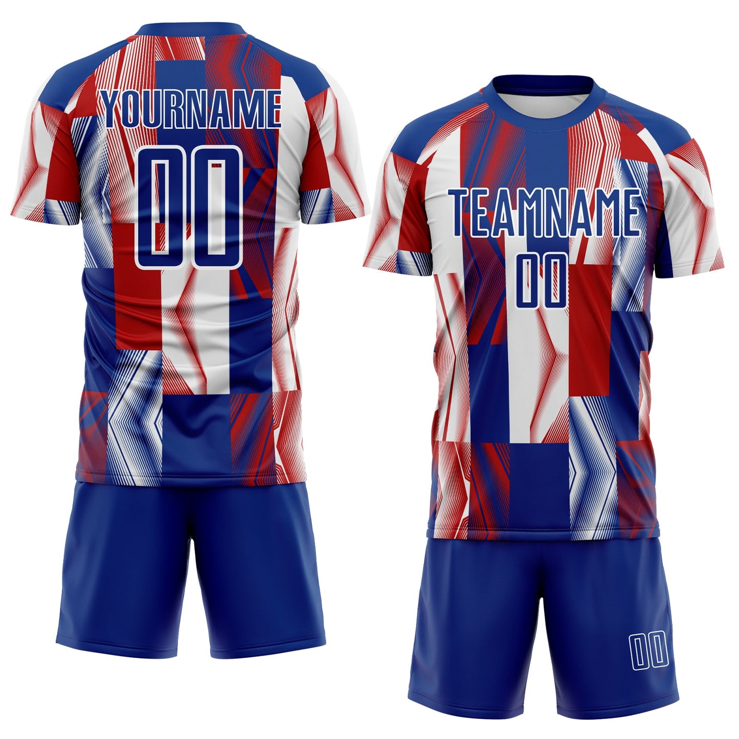Custom Royal White-Red USA Style Patriotic Geometric Lines Sublimation Soccer Uniform Jersey