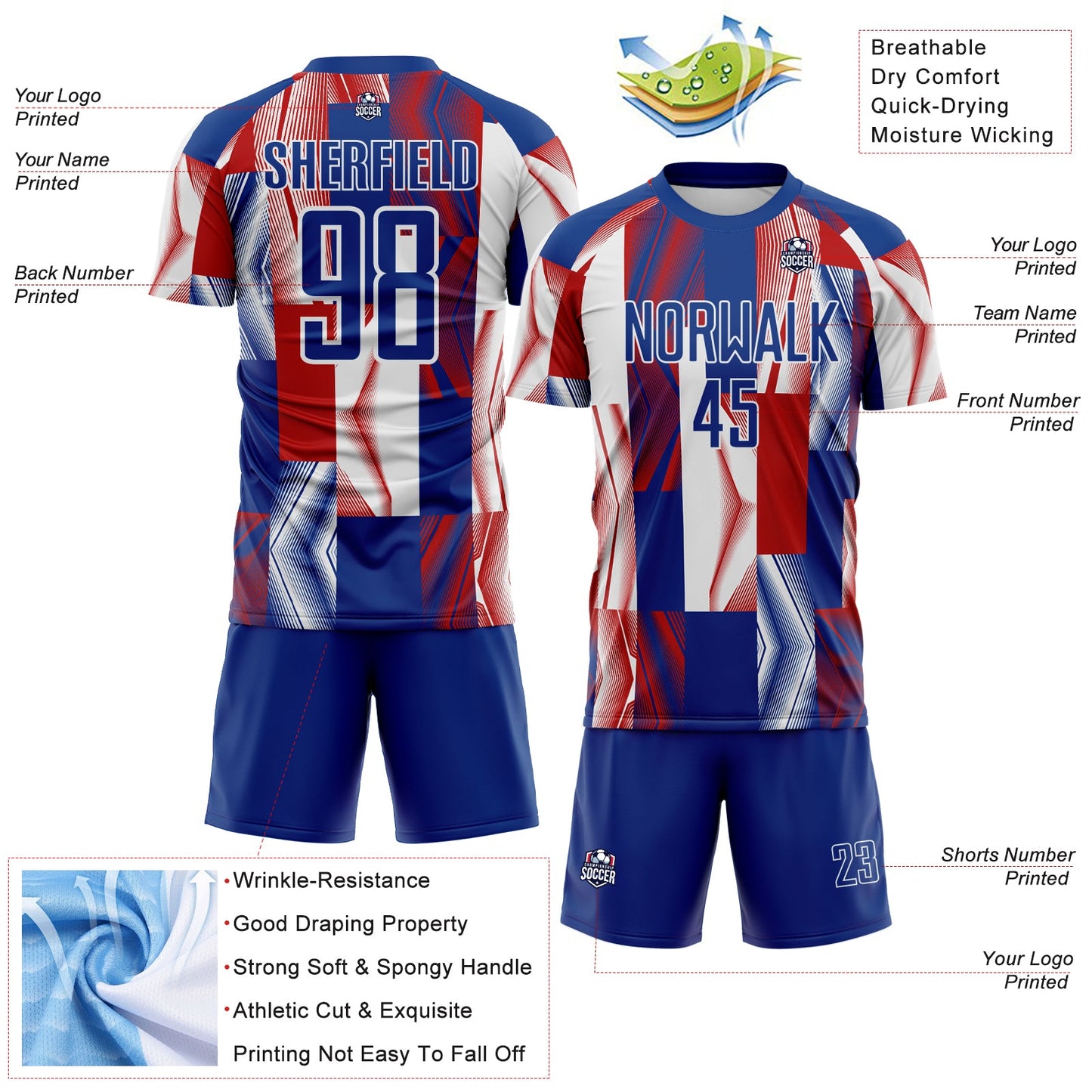 Custom Royal White-Red USA Style Patriotic Geometric Lines Sublimation Soccer Uniform Jersey