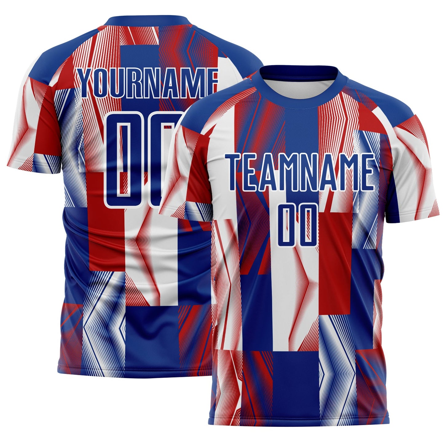 Custom Royal White-Red USA Style Patriotic Geometric Lines Sublimation Soccer Uniform Jersey