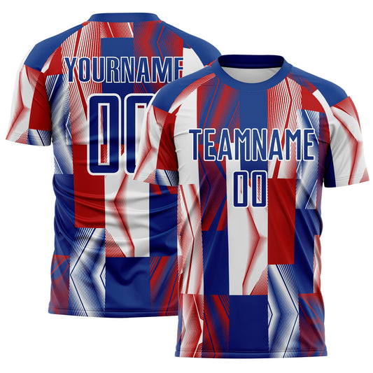 Custom Royal White-Red USA Style Patriotic Geometric Lines Sublimation Soccer Uniform Jersey