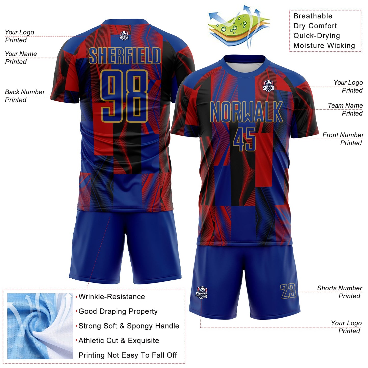 Custom Royal Black Red-Old Gold USA Style Patriotic Geometric Lines Sublimation Soccer Uniform Jersey