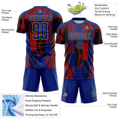 Custom Royal Black Red-Old Gold USA Style Patriotic Geometric Lines Sublimation Soccer Uniform Jersey