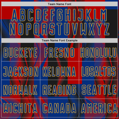 Custom Royal Black Red-Old Gold USA Style Patriotic Geometric Lines Sublimation Soccer Uniform Jersey