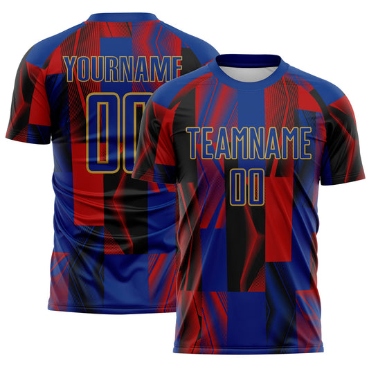 Custom Royal Black Red-Old Gold USA Style Patriotic Geometric Lines Sublimation Soccer Uniform Jersey