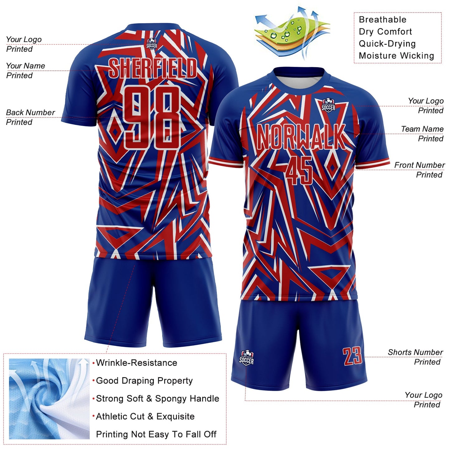 Custom Royal Red-White USA Style Patriotic Sharp Geometric Sublimation Soccer Uniform Jersey