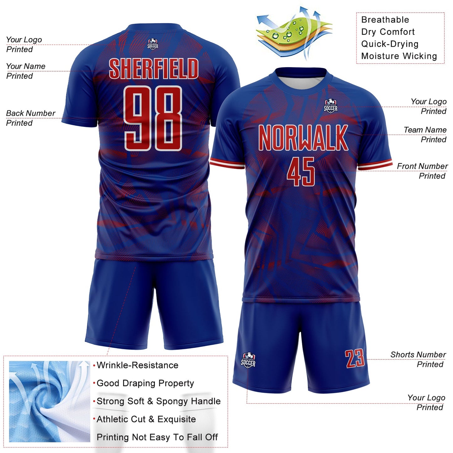 Custom Royal Red-White USA Style Patriotic Geometric Lines Sublimation Soccer Uniform Jersey