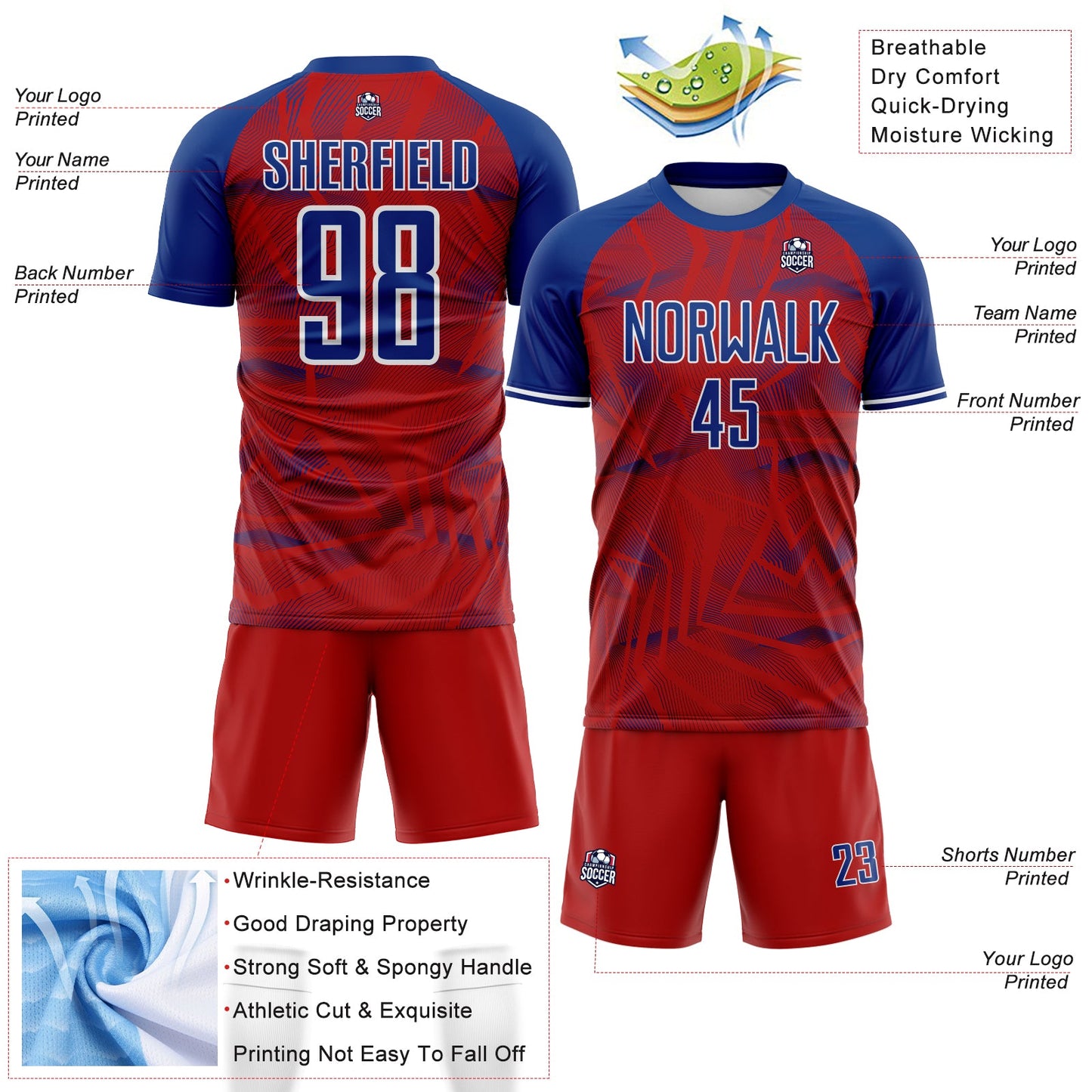 Custom Red Royal-White USA Style Patriotic Geometric Lines Sublimation Soccer Uniform Jersey
