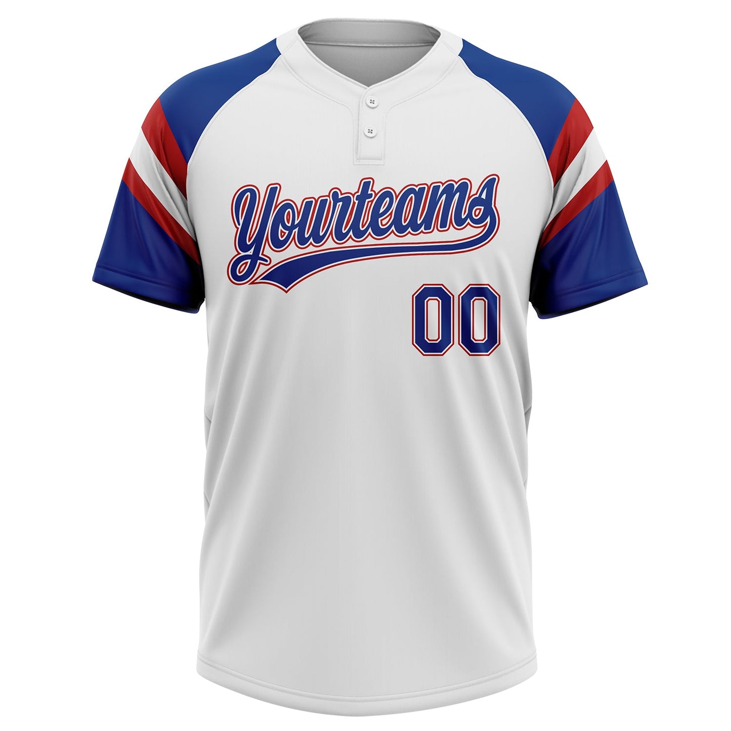 Custom White Royal-Red Raglan Sleeves Stripes Two-Button Unisex Softball Jersey
