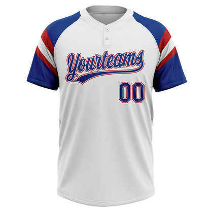 Custom White Royal-Red Raglan Sleeves Stripes Two-Button Unisex Softball Jersey