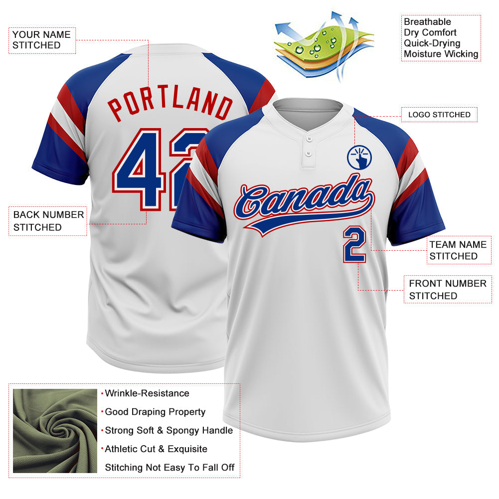 Custom White Royal-Red Raglan Sleeves Stripes Two-Button Unisex Softball Jersey