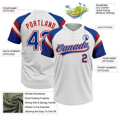 Custom White Royal-Red Raglan Sleeves Stripes Two-Button Unisex Softball Jersey