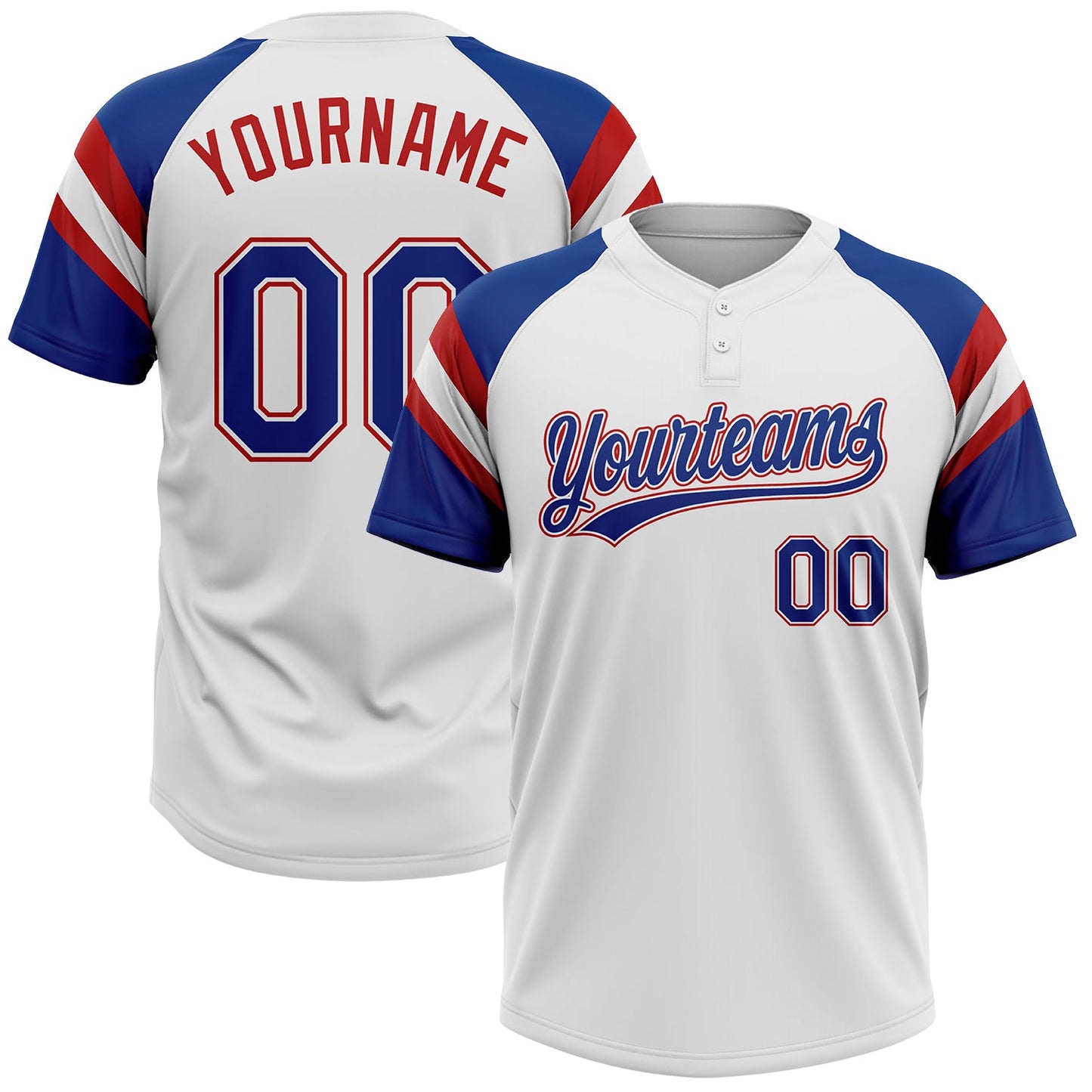 Custom White Royal-Red Raglan Sleeves Stripes Two-Button Unisex Softball Jersey