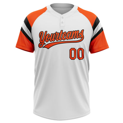 Custom White Orange-Black Raglan Sleeves Stripes Two-Button Unisex Softball Jersey
