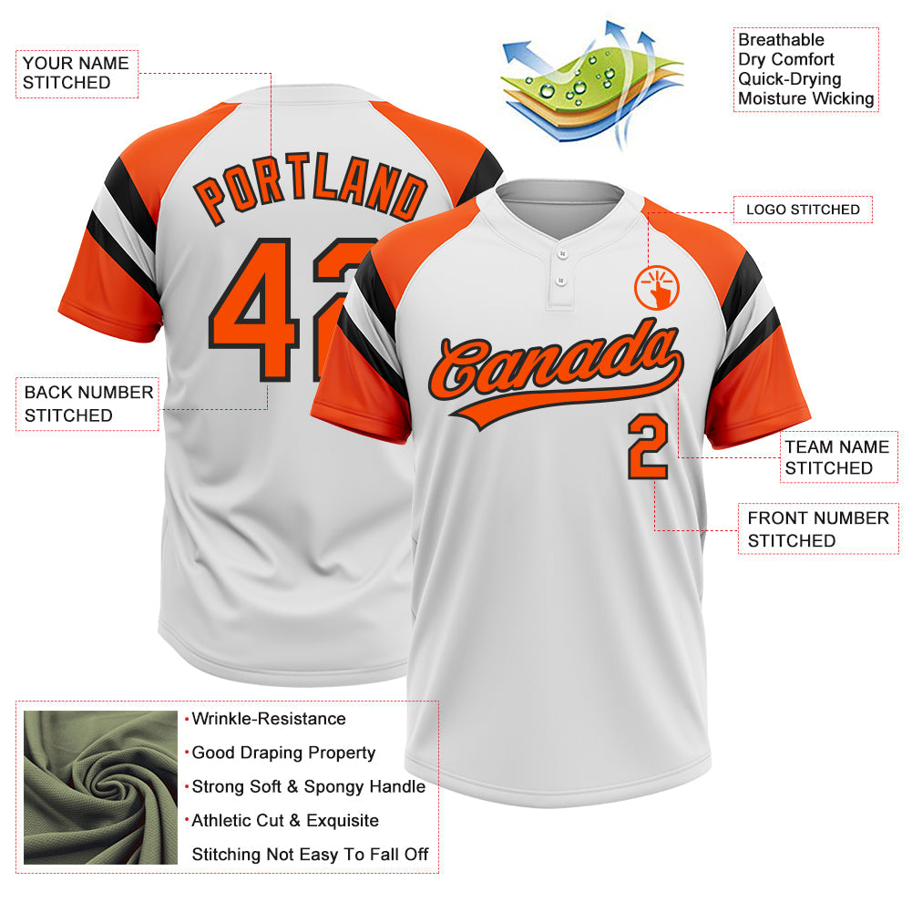 Custom White Orange-Black Raglan Sleeves Stripes Two-Button Unisex Softball Jersey
