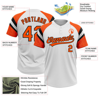 Custom White Orange-Black Raglan Sleeves Stripes Two-Button Unisex Softball Jersey
