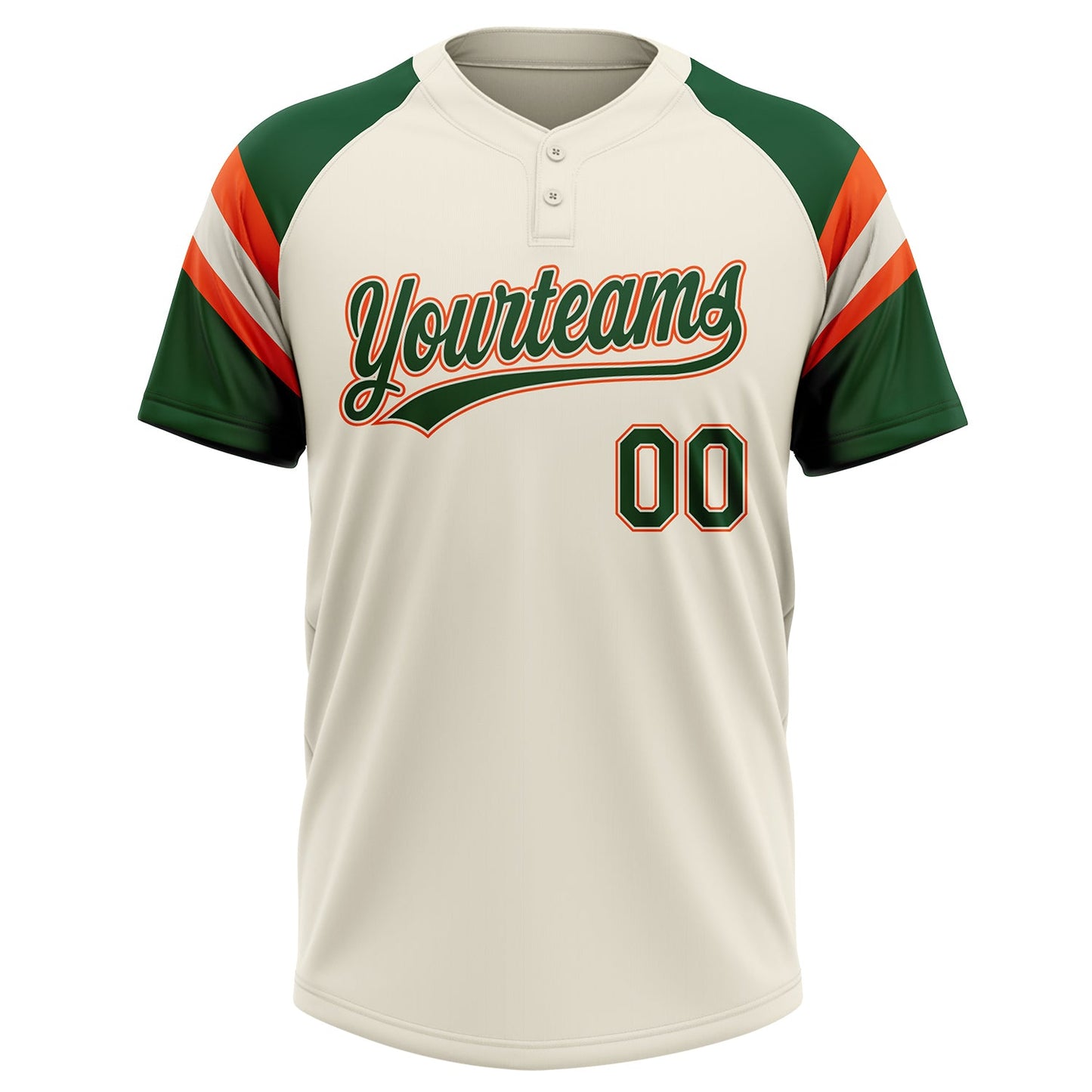 Custom Cream Green-Orange Raglan Sleeves Stripes Two-Button Unisex Softball Jersey