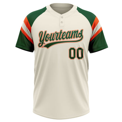 Custom Cream Green-Orange Raglan Sleeves Stripes Two-Button Unisex Softball Jersey