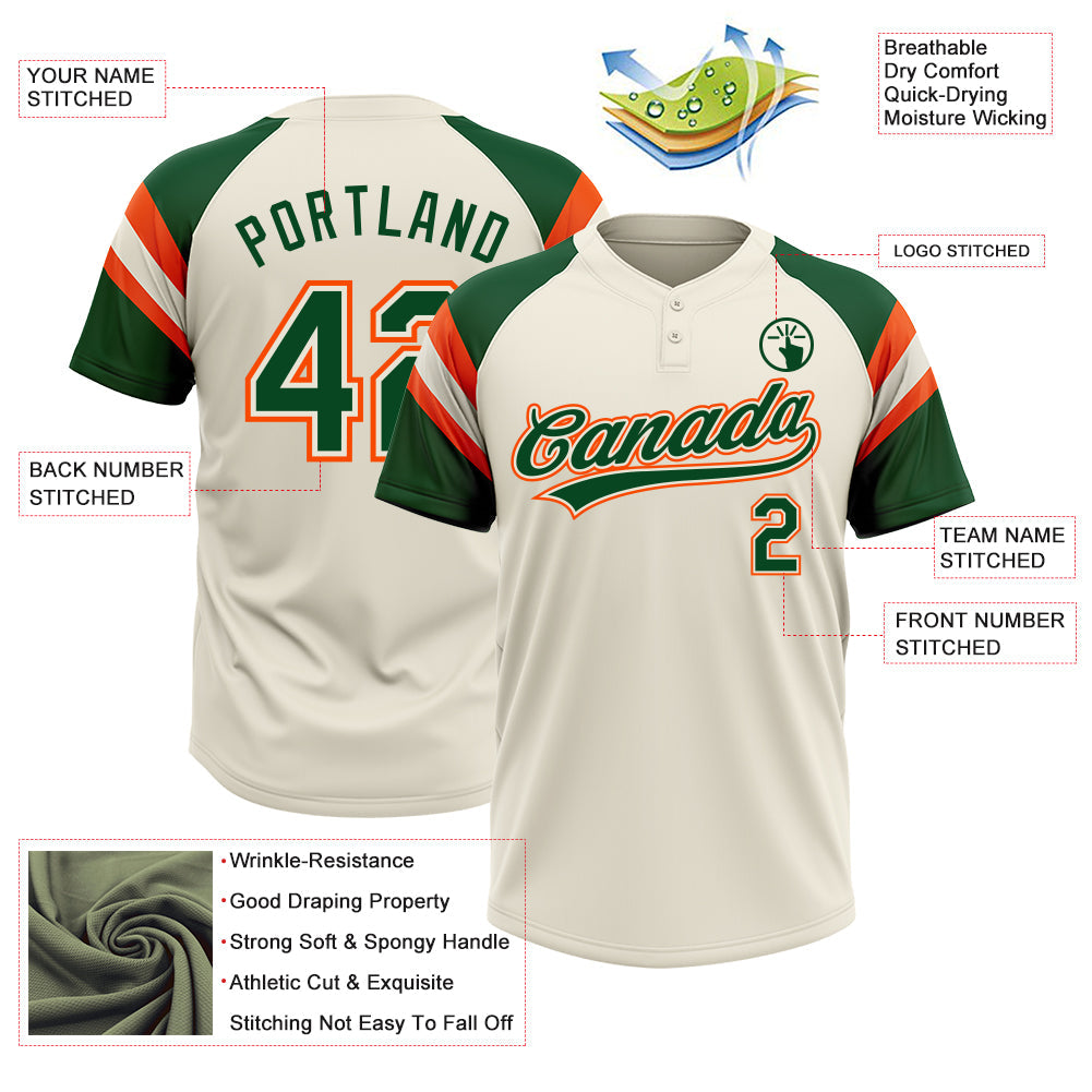 Custom Cream Green-Orange Raglan Sleeves Stripes Two-Button Unisex Softball Jersey