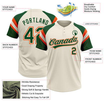 Custom Cream Green-Orange Raglan Sleeves Stripes Two-Button Unisex Softball Jersey