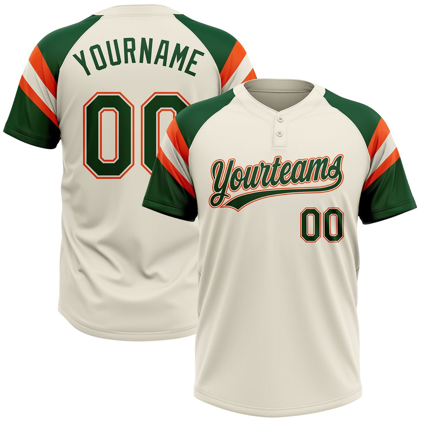 Custom Cream Green-Orange Raglan Sleeves Stripes Two-Button Unisex Softball Jersey