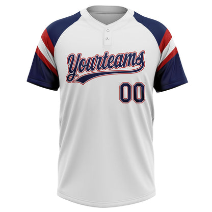 Custom White Navy-Red Raglan Sleeves Stripes Two-Button Unisex Softball Jersey