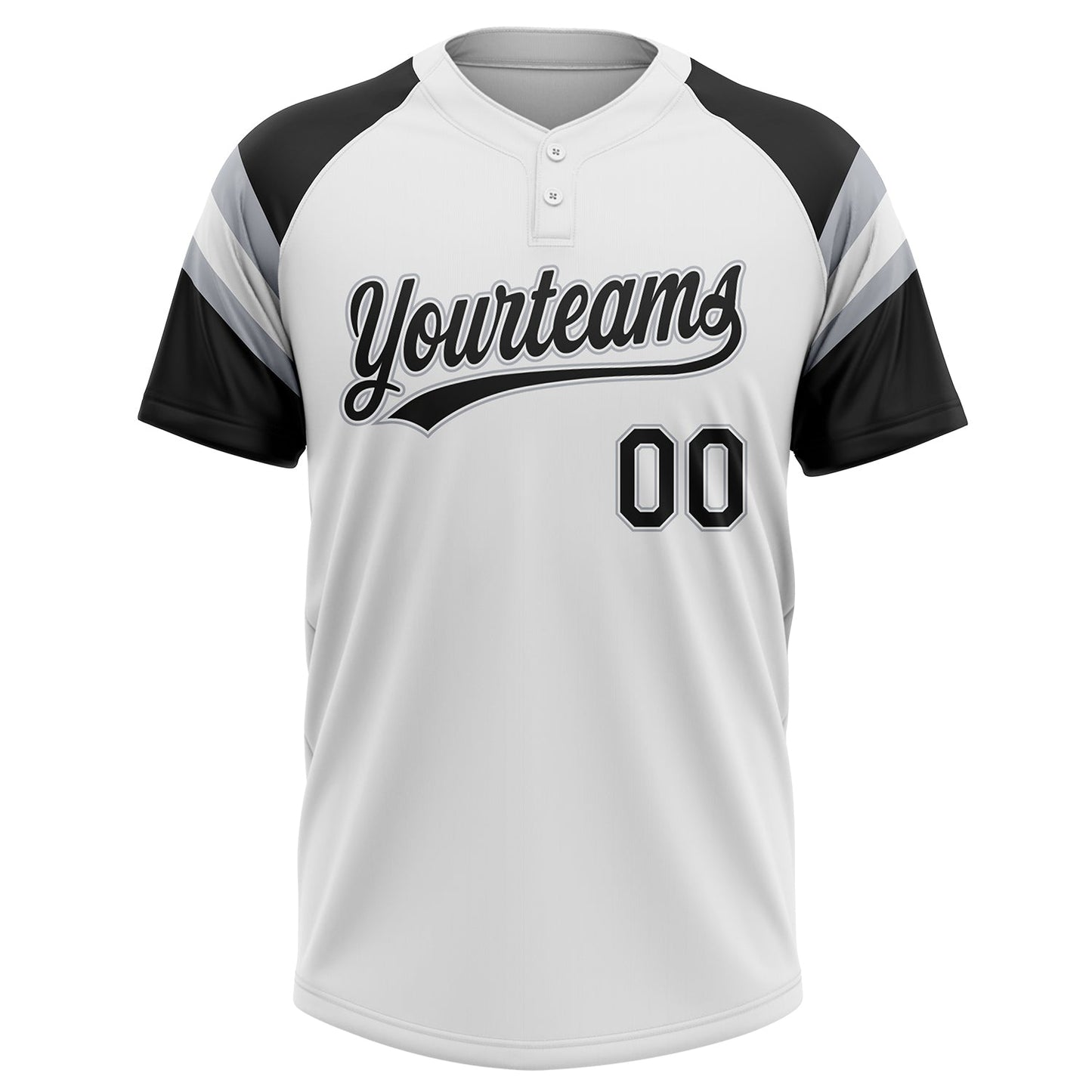 Custom White Black-Gray Raglan Sleeves Stripes Two-Button Unisex Softball Jersey