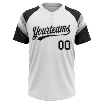 Custom White Black-Gray Raglan Sleeves Stripes Two-Button Unisex Softball Jersey