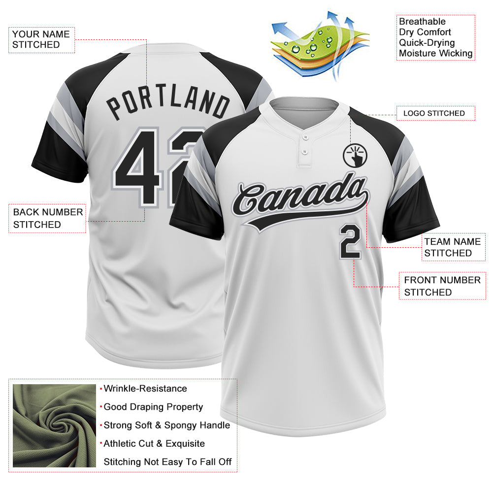Custom White Black-Gray Raglan Sleeves Stripes Two-Button Unisex Softball Jersey