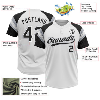 Custom White Black-Gray Raglan Sleeves Stripes Two-Button Unisex Softball Jersey
