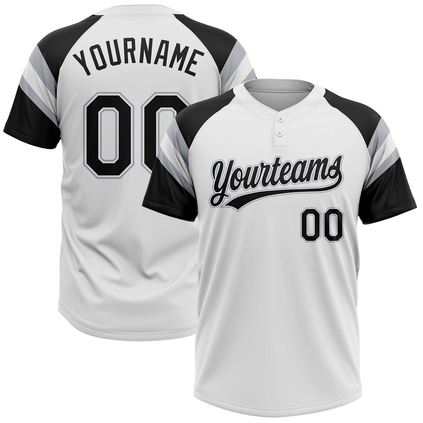 Custom White Black-Gray Raglan Sleeves Stripes Two-Button Unisex Softball Jersey