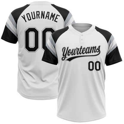 Custom White Black-Gray Raglan Sleeves Stripes Two-Button Unisex Softball Jersey