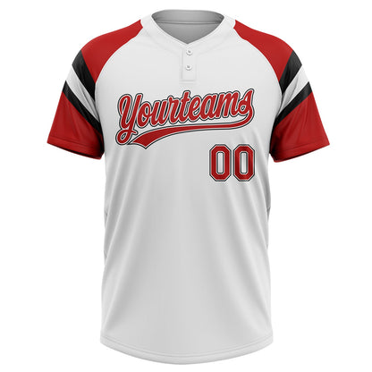 Custom White Red-Black Raglan Sleeves Stripes Two-Button Unisex Softball Jersey
