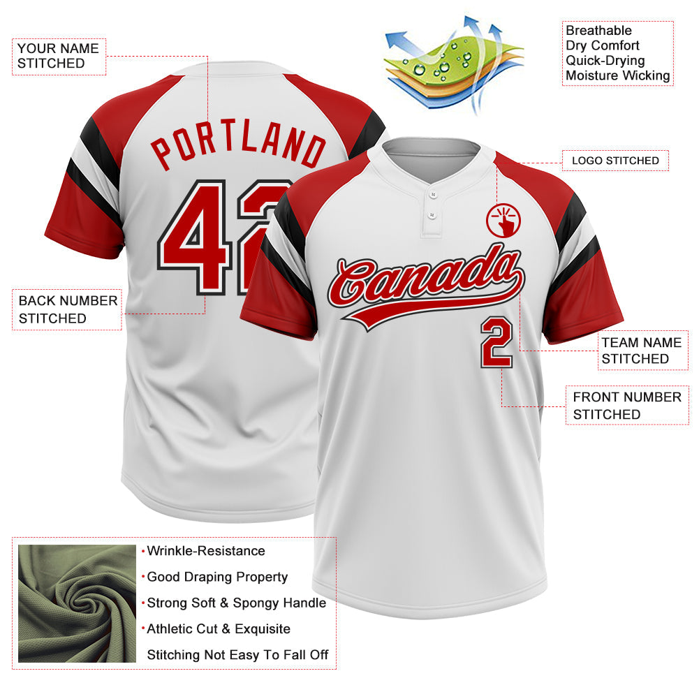 Custom White Red-Black Raglan Sleeves Stripes Two-Button Unisex Softball Jersey