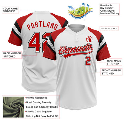 Custom White Red-Black Raglan Sleeves Stripes Two-Button Unisex Softball Jersey