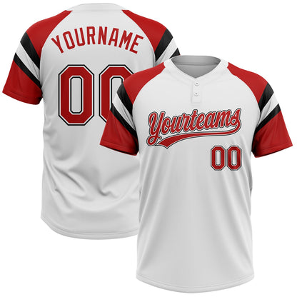 Custom White Red-Black Raglan Sleeves Stripes Two-Button Unisex Softball Jersey