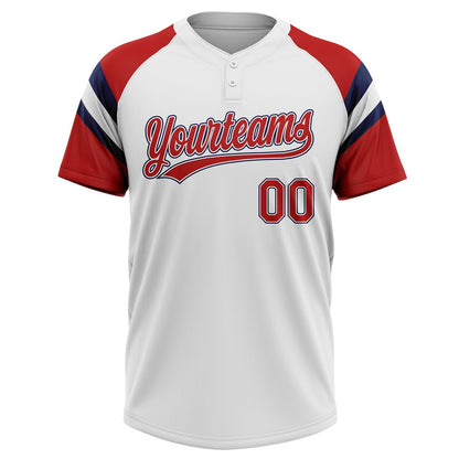 Custom White Red-Navy Raglan Sleeves Stripes Two-Button Unisex Softball Jersey