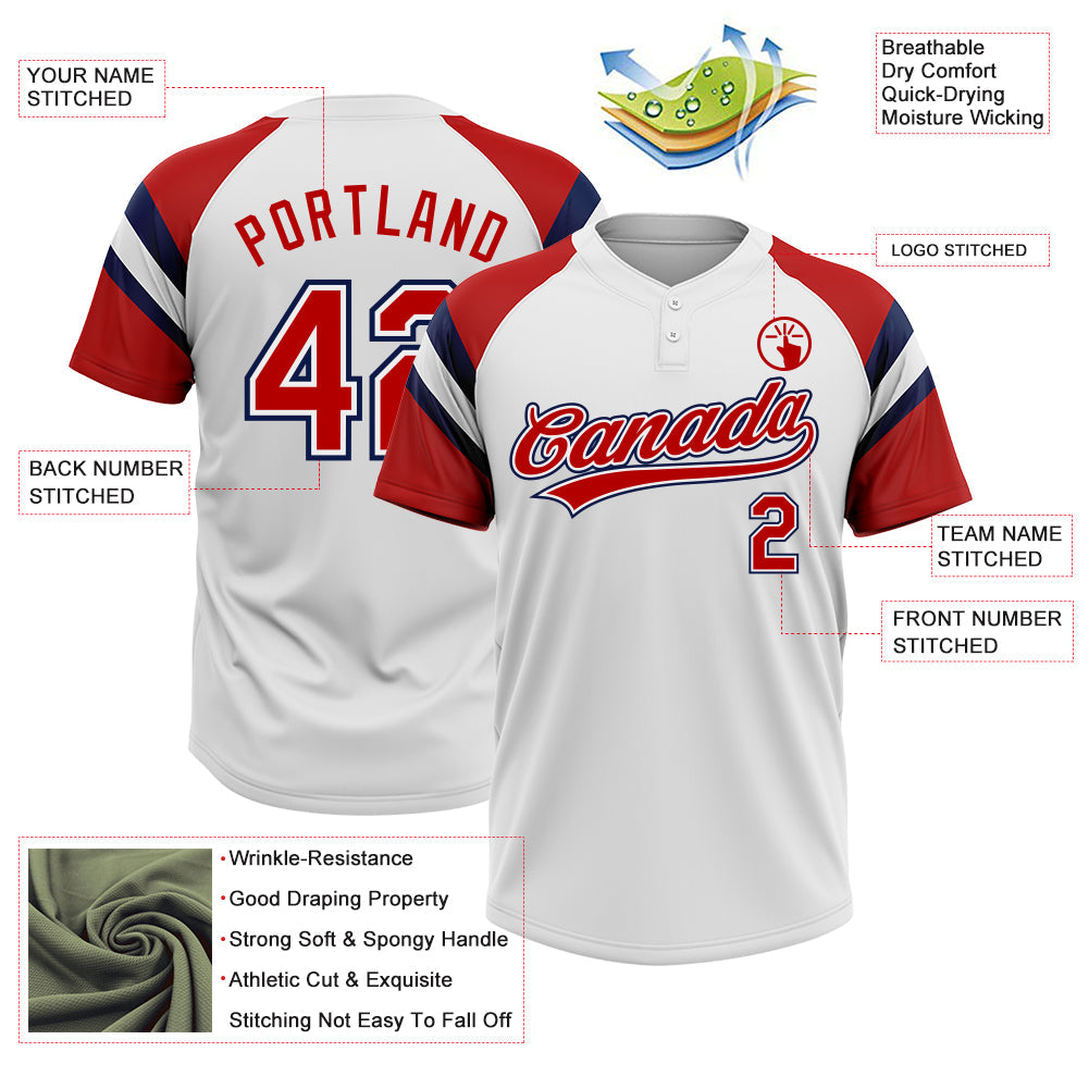 Custom White Red-Navy Raglan Sleeves Stripes Two-Button Unisex Softball Jersey