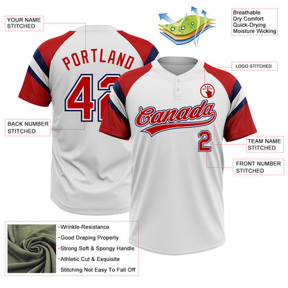 Custom White Red-Navy Raglan Sleeves Stripes Two-Button Unisex Softball Jersey