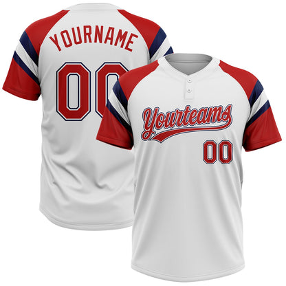 Custom White Red-Navy Raglan Sleeves Stripes Two-Button Unisex Softball Jersey