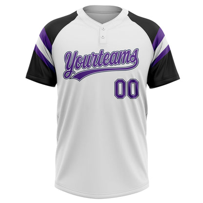 Custom White Purple-Black Raglan Sleeves Stripes Two-Button Unisex Softball Jersey