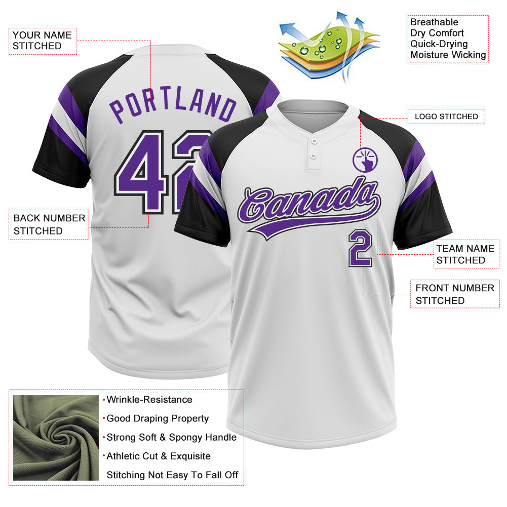 Custom White Purple-Black Raglan Sleeves Stripes Two-Button Unisex Softball Jersey