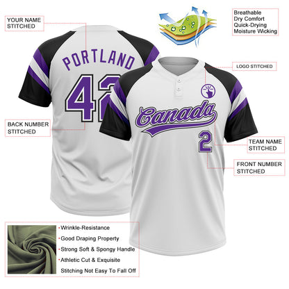 Custom White Purple-Black Raglan Sleeves Stripes Two-Button Unisex Softball Jersey