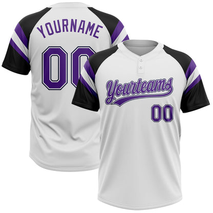 Custom White Purple-Black Raglan Sleeves Stripes Two-Button Unisex Softball Jersey