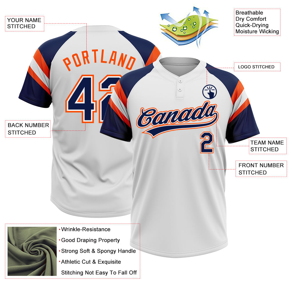 Custom White Navy-Orange Raglan Sleeves Stripes Two-Button Unisex Softball Jersey